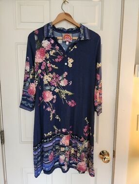 Johnny Was Willowa Polo Tunic Dress Floral Blue Pink Size S resort Travel Beach